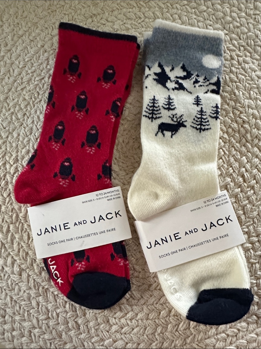 Janie and Jack Red Rockets & Cream Reindeer Kids Socks NWT